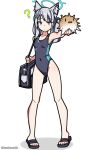 1girl ? absurdres animal_ear_fluff animal_ears bag black_one-piece_swimsuit blue_archive blue_eyes breasts competition_swimsuit covered_navel cross_hair_ornament extra_ears fish full_body grey_hair hair_ornament halo highres holding low_ponytail medium_breasts medium_hair mismatched_pupils multicolored_clothes multicolored_swimsuit official_alternate_costume one-piece_swimsuit puffer_fish shiroko_(blue_archive) shiroko_(swimsuit)_(blue_archive) simple_background solo standing swimsuit tsunderemaids white_background wolf_ears 