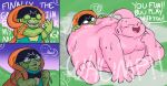 alien anthro belly bibidi big_butt butt dragon_ball dragon_ball_z duo english_text facesitting green_body majin_buu male male/male moobs nude overweight pink_body question_mark rofakuro sitting_on_another text