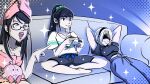  2b_(nier:automata) 3girls :d arms_behind_head barefoot bayonetta bayonetta_(series) black_blindfold black_hair black_hairband black_shorts blindfold blue_background blue_pants breasts controller couch crossover english_commentary eve_(stellar_blade) game_controller glasses hairband highres holding holding_controller holding_game_controller indian_style large_breasts long_hair midriff mole mole_under_mouth multiple_girls navel on_couch pants playing_games pointing ponytail pownchao reclining shirt short_sleeves shorts sitting smile sparkle stellar_blade sweatpants towel towel_on_head white_hair white_shirt 