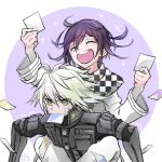  +++ 2boys ^_^ ahoge android arm_belt belt black_scarf border carrying checkered_clothes checkered_scarf closed_eyes commentary_request danganronpa_(series) danganronpa_v3:_killing_harmony dated eyelashes hair_between_eyes holding holding_photo jacket k1-b0 layered_sleeves long_sleeves lowres male_focus mouth_hold multiple_belts multiple_boys oma_kokichi open_belt open_mouth outside_border pants photo_(object) piggyback purple_background purple_hair round_border scarf short_hair signature simple_background sleeves_past_wrists smile sweatdrop teeth thigh_belt thigh_strap torn_clothes torn_scarf two-tone_scarf u_u_ki_u_u unmoving_pattern upper_teeth_only white_belt white_border white_hair white_jacket white_pants white_scarf white_sleeves 