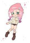  1girl bandaid boots brown_footwear commentary eeeeekyawaiii green_eyes hat highres jacket long_hair long_sleeves octoling octoling_girl octoling_player_character pink_hair pink_hat short_shorts shorts simple_background solo splatoon_(series) splatoon_2 splatoon_3 suction_cups symbol-only_commentary tentacle_hair white_background 