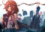  ahoge black_gloves black_shirt blue_eyes braid brown_hair burnt_clothes fingerless_gloves fusou_(kancolle) gloves hair_flaps hair_over_shoulder highres kantai_collection long_hair machinery mogami_(kancolle) necktie red_necktie shigure_(kancolle) shigure_kai_san_(kancolle) shirt single_braid sleeveless sleeveless_shirt solo_focus sunday_aki two-tone_shirt upper_body yamashiro_(kancolle) 