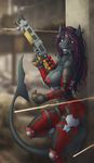  2016 anthro armor aurancreations clothed clothing explosives female fin fish grenade grin gun highlights marine nipple_piercing nipples piercing pin ranged_weapon red_eyes red_highlights shark shotgun skimpy solo topless weapon 