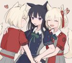  3girls absurdres animal_ears black_hair blonde_hair blue_dress blue_ribbon blush brown_background cat_ears cat_girl cat_tail clone closed_eyes collared_dress commentary_request dog_ears dog_girl dog_tail dress fang girl_sandwich green_ribbon hair_ribbon hand_on_another&#039;s_shoulder hand_on_another&#039;s_waist highres inoue_takina kemonomimi_mode long_hair lycoris_recoil lycoris_uniform masaru_(kises_j) medium_hair multiple_girls neck_ribbon nishikigi_chisato one_side_up open_mouth purple_eyes red_dress red_eyes red_ribbon ribbon sandwiched short_sleeves simple_background smile tail upper_body yuri 