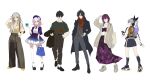  2boys 4girls absurdres alternate_costume bare_shoulders blade_(honkai:_star_rail) casual contemporary dan_heng_(honkai:_star_rail) daniel_deng dress full_body hair_between_eyes highres honkai:_star_rail honkai_(series) kafka_(honkai:_star_rail) long_hair march_7th_(honkai:_star_rail) multiple_boys multiple_girls pants partially_unbuttoned shirt silver_wolf_(honkai:_star_rail) simple_background sketch skirt stelle_(honkai:_star_rail) trailblazer_(honkai:_star_rail) white_background white_shirt 