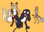 :&lt; albino aliasing anthro averi_(fiddleafox) bdsm black_body black_fur blue_eyes blueberry_(fiddleafox) bondage bound briar_(fiddleafox) brown_body brown_fur buckteeth canid canine casual_nudity chain chained chained_cuffs chest_tuft cigar clover_(fiddleafox) cotton_(fiddleafox) digital_media_(artwork) digitigrade dipstick_tail domestic_rabbit eyebrow_through_hair eyebrows eyes_closed female fluffy fluffy_tail fox frown fur gender_stupid gloves_(marking) green_eyes grey_body grey_fur group hair hand_on_face hazel_(fiddleafox) holding_cigar holding_object kneeling lagomorph leg_markings leporid lying male male/female mammal markings multicolored_tail nude on_front oryctolagus paws predator/prey rabbit red_eyes red_fox scared scowl screaming simple_background socks_(marking) strapon tail tail_markings tan_body tan_fur teeth translucent translucent_hair true_fox tuft white_body white_fur yellow_background yellow_body yellow_eyes yellow_fur