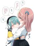  1boy 1girl age_difference aqua_hair artist_name between_breasts black_skirt blue_scrunchie blush bow bowtie breast_pillow breasts closed_mouth face_to_breasts from_above head_between_breasts headphones highres hug jacket large_breasts long_hair multicolored_clothes multicolored_jacket nei_akutsu one_side_up onee-shota open_mouth original os_(os_fresa) pink_bow pink_bowtie pink_hair pointy_ears purple_eyes scrunchie shirt short_hair skirt souta_kandori translation_request white_background white_shirt 