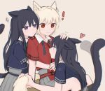  3girls absurdres animal_ears between_legs black_hair blonde_hair blue_dress blue_ribbon blush brown_background cat_ears cat_girl cat_tail clone closed_mouth commentary_request dog_ears dog_girl dog_tail dress girl_sandwich grabbing_another&#039;s_tail hand_on_another&#039;s_head heart highres hug hug_from_behind inoue_takina kemonomimi_mode long_hair lycoris_recoil lycoris_uniform masaru_(kises_j) medium_hair multiple_girls neck_ribbon nishikigi_chisato purple_eyes red_dress red_eyes ribbon sandwiched simple_background sitting sweatdrop tail tail_wagging untied_ribbon yuri 
