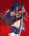  1girl absurdres acheron_(honkai:_star_rail) asymmetrical_gloves bandaged_arm bandages bare_shoulders black_gloves black_shorts breasts chain cleavage commentary cowboy_shot criss-cross_halter elbow_gloves gloves gradient_hair grey_hair halterneck highres holding holding_sword holding_weapon honkai:_star_rail honkai_(series) katana large_breasts latehong long_hair midriff multicolored_hair navel purple_eyes purple_hair red_background scabbard sheath short_shorts shorts solo standing stomach sword thighs unsheathing very_long_hair weapon 
