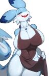 2:3 2d_animation animated anthro apron apron_only areola big_breasts biped blue_body blue_eyes blush bombeebus breasts chillet cleavage clothed clothing female heart_symbol huge_breasts pal_(species) palworld pocketpair solo speech_bubble tail
