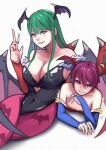  2girls absurdres animal_print bare_shoulders bat_print black_leotard breasts bridal_gauntlets cleavage clothing_cutout green_eyes green_hair heart_cutout highres leotard lilith_aensland looking_at_viewer momo_juice morrigan_aensland multiple_girls purple_hair red_eyes red_leotard red_nails strapless strapless_leotard vampire_(game) white_background 