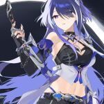  1girl acheron_(honkai:_star_rail) belt black_belt black_choker black_gloves breasts choker cleavage commentary_request criss-cross_halter crop_top elbow_gloves gloves halterneck highres holding holding_sword holding_weapon honkai:_star_rail honkai_(series) katana large_breasts long_hair looking_at_viewer midriff navel parted_lips purple_eyes purple_hair rizu033 scabbard sheath sheathed single_bare_shoulder solo stomach sword upper_body very_long_hair weapon 