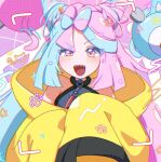  1girl blue_hair bow-shaped_hair breasts character_hair_ornament hair_ornament iono_(pokemon) jacket long_hair looking_at_viewer magnemite multicolored_hair open_mouth oversized_clothes picture_frame pink_hair pokemon pokemon_sv seiun_(hoshigumo_72) sharp_teeth shirt sleeves_past_fingers sleeves_past_wrists smile solo teeth two-tone_hair upper_body yellow_jacket 