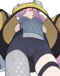 1girl absurdres black_bodysuit bodysuit bow breasts commentary_request covered_navel from_below grey_hair grin highres iono_(pokemon) jacket long_hair looking_at_viewer looking_down medium_breasts multicolored_hair pink_eyes pink_hair pokemon pokemon_sv simple_background skindentation smile solo standing temari_rin thigh_strap two-tone_hair very_long_hair white_background yellow_jacket 