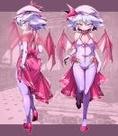  1girl alternate_costume bat_wings blue_hair blush breasts cleavage closed_mouth commentary_request hat hat_ribbon high_heels looking_at_viewer mob_cap multiple_views pink_hat red_eyes red_footwear red_ribbon remilia_scarlet ribbon shimizu_pem short_hair small_breasts solo touhou wings 