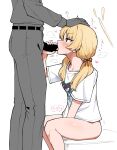  1boy 1girl between_legs blonde_hair blue_archive blush bottomless brown_eyes censored fellatio from_side hair_ribbon halo hand_between_legs headpat heavy_breathing highres long_hair low_twintails oral print_shirt ribbon saliva shirt short_sleeves simple_background sitting solo t-shirt tongue tongue_out toriyarou twintails white_background yoshimi_(band)_(blue_archive) yoshimi_(blue_archive) 