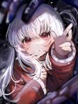  1girl clara_(honkai:_star_rail) hand_on_own_chest highres honkai:_star_rail honkai_(series) jacket looking_up mint_chocoooo red_eyes red_jacket snowing white_hair 