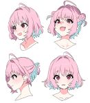  1girl ahoge alternate_eye_color alternate_hairstyle closed_mouth collarbone commentary crying crying_with_eyes_open double_bun expressions hair_bun hair_intakes highres idolmaster idolmaster_cinderella_girls looking_at_viewer looking_to_the_side multicolored_hair multiple_views open_mouth pink_hair portrait profile purple_eyes short_hair simple_background smug sukoyaka_(100hituzi) tearing_up tears two-tone_hair v-shaped_eyebrows white_background yumemi_riamu 
