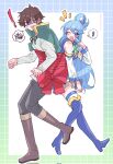  1boy 1girl aqua_(konosuba) bare_shoulders black_pants blue_eyes blue_footwear blue_hair blue_shirt blue_skirt blue_thighhighs blush boots bound_together bow bowtie brown_footwear brown_hair cape capelet detached_sleeves green_bow green_bowtie green_cape green_capelet green_eyes hair_between_eyes hair_ornament hair_over_eyes hair_rings happy hetero highres kono_subarashii_sekai_ni_shukufuku_wo! long_hair looking_at_viewer one_eye_closed open_mouth pants red_ribbon ribbon satou_kazuma scared shaded_face shirt short_hair single_hair_ring skirt smile sweat thigh_boots thighhighs thighhighs_under_boots tsukasaxemu very_long_hair very_sweaty watermark 