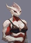 absurd_res anthro athletic athletic_female baldur&#039;s_gate baldur&#039;s_gate_3 big_breasts bioware bra breasts claws clothed clothing digital_media_(artwork) dragonborn_(dnd) dungeons_and_dragons electronic_arts female hasbro hi_res horn looking_at_viewer mostly_nude muscular red_eyes scales scalie simple_background skimpy solo the_dark_urge_(baldur&#039;s_gate) underwear wandcroatia white_body white_scales wizards_of_the_coast