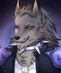 anthro armor birthnight canid canine canis clothed clothing collar crystal facial_hair male mammal mustache pattern_background pauldron portrait purple_eyes shaded simple_background smile smiling_at_viewer solo spiked_collar spikes toothy_grin wolf