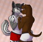 anthro boxers_(clothing) canid canine canis clothing domestic_dog duo hi_res male male/male mammal marvelous_managerie romantic romantic_couple simple_background tail underwear wolf