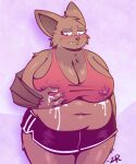 anthro bat belly big_breasts blush bodily_fluids bottomwear bra breast_squeeze breasts clothing fan_character female huge_breasts huge_thighs lactating mammal obese overweight rhoda shorts solo sports_bra squeezing thick_thighs underwear wings zixzs-redlight