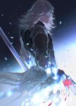  1boy armor blood character_request commentary_request fingerless_gloves from_side gloves hair_between_eyes highres holding holding_weapon light light_particles male_focus medium_hair raininmoradain solo sword weapon white_hair xenoblade_chronicles_(series) xenoblade_chronicles_2 