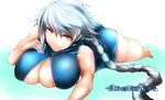  alternate_costume ass asymmetrical_hair bare_shoulders braid breast_press breasts center_opening cleavage commentary_request expressionless kantai_collection kojima_(blue_stardust) large_breasts long_hair looking_at_viewer lying on_stomach one-piece_swimsuit silver_hair single_braid sleeveless solo swimsuit twitter_username unryuu_(kantai_collection) unzipped very_long_hair wavy_hair yellow_eyes 