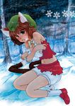  absurdres animal_ears bloomers bow bowtie breasts brown_hair cat_ears cat_tail chen cleavage closed_mouth crossed_arms fangs frown full_body highres huge_filesize iwashigumo loafers multiple_tails navel nekomata no_bra outdoors plant red_eyes red_footwear red_vest shoes single_shoe sitting skirt small_breasts snow socks solo stomach tail teeth torn_clothes torn_skirt torn_vest touhou tree two_tails underwear vest white_legwear winter yellow_bow yellow_neckwear yokozuwari 