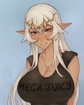  breasts brown_eyes cleavage clothes_writing dark_elf dark_skin elf highres iliana_(unsomnus) jewelry large_breasts long_hair looking_at_viewer mega_milk meme_attire necklace original pointy_ears shirt silver_hair simple_background smile solo t-shirt tiara unsomnus upper_body 