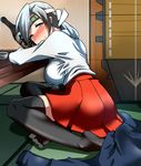  against_table ass bangs blush bottle breasts chitose_(kantai_collection) choko_(cup) commentary_request cup drunk elbows_on_table flight_deck floor grey_eyes hair_ribbon hakama headband highres jacket jacket_removed japanese_clothes kantai_collection large_breasts leaning_forward leaning_on_object looking_at_viewer looking_back nose_blush parted_bangs ponytail ribbon sake_bottle shirt silver_hair sitting sitting_on_floor smile solo table thighhighs white_shirt yoiyoi_(kannkann100) yokozuwari zettai_ryouiki 