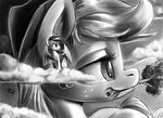  2016 applejack_(mlp) cloud duo earth_pony equine eyelashes feathered_wings feathers female feral freckles friendship_is_magic greyscale hair hat horse macro mammal monochrome mouth_hold my_little_pony on_cloud pegasus pony rainbow_dash_(mlp) smile tree tsitra360 wings 
