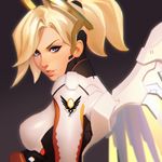  blonde_hair blue_eyes blurry breasts clothes_writing high_ponytail ilya_kuvshinov large_breasts latin lips long_hair mechanical_halo mechanical_wings mercy_(overwatch) overwatch parted_lips solo upper_body wings yellow_wings 
