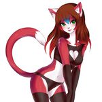  2016 anthro arm_warmers blush brown_hair clothing ears_up feline female green_eyes hair inner_ear-fluff legwear long_hair loodicrous looking_at_viewer mammal navel nra open_mouth simple_background smile solo stockings teeth thigh_highs tongue underwear white_background 