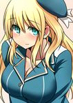  atago_(kantai_collection) bangs beret blonde_hair blue_eyes blue_hat blue_jacket breasts cleavage commentary_request eyebrows eyebrows_visible_through_hair from_above gradient gradient_background hair_between_eyes hat jacket kantai_collection large_breasts long_hair looking_at_viewer no_shirt sidelocks simple_background sketch smile solo upper_body v_arms yoiyoi_(kannkann100) 