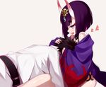  1girl :d black_hair blush commentary_request fang fate/grand_order fate_(series) from_side fujimaru_ritsuka_(male) head_on_chest heart highres horns hug japanese_clothes oni oni_horns open_mouth petting purple_eyes purple_hair shimejinameko short_hair shuten_douji_(fate/grand_order) simple_background smile solo_focus 