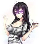  ahoge beifeng_han black_hair breasts cake cleavage cream cream_on_face food food_on_body food_on_face glowing glowing_eyes hair_between_eyes happy_birthday highres large_breasts long_hair looking_at_viewer miyaura_sanshio original purple_eyes smile solo 