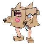  1girl amazon_(company) bangs bare_legs bent_over blue_shirt box brown_hair cardboard_box cardboard_box_gundam chexgirlfriend commentary d.va_(overwatch) drawing facial_mark green_shorts highres hunched_over knees overwatch shirt shorts simple_background solo swept_bangs t-shirt toilet_paper_tube whisker_markings white_background |_| 