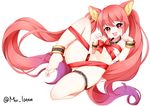  :d animal_ears ankle_garter breasts cerberus_(shingeki_no_bahamut) collar dog_ears gradient_hair long_hair looking_at_viewer moi_(latte_art) multicolored_hair naked_ribbon nude open_mouth pink_hair purple_hair red_eyes ribbon shingeki_no_bahamut simple_background small_breasts smile solo twintails twitter_username very_long_hair white_background 