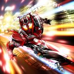  armor belt character_name city city_lights glowing glowing_eyes helmet highres kamen_rider kamen_rider_drive kamen_rider_drive_(series) kameren male_focus sliding solo tire type_tridoron yellow_eyes 