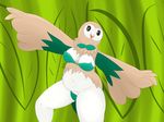  anthro avian bow_tie breasts brown_body female green_background green_body kawmapkarma leaf_background pattern_background rowlet simple_background slightly_chubby white_body 