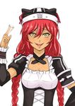 braid collar dark_skin detached_sleeves fang frills hat hat_ribbon long_sleeves lupusregina_beta maid maid_apron myht open_mouth overlord_(maruyama) red_hair simple_background solo twin_braids white_background yellow_eyes 