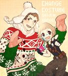  2boys black_gloves blonde_hair brown_eyes brown_hair character_name cosplay costume_switch dangerouparker dog_tags fingerless_gloves gloves green_eyes himeno_kanon idolmaster idolmaster_side-m male_focus mittens multiple_boys paint pointing pointing_at_viewer shingen_seiji sweater tank_top winter_clothes 