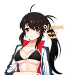  2016 ahoge artist_name bad_id bad_pixiv_id bikini black_bikini black_bikini_top blush breasts brown_eyes brown_hair cleavage closed_mouth closers collarbone dated jacket large_breasts long_hair long_sleeves looking_at_viewer o-ring o-ring_bikini o-ring_top open_clothes open_jacket ponytail seok simple_background solo strap_gap swimsuit underboob upper_body white_background white_jacket 