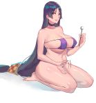  1girl bare_arms bare_legs bare_shoulders barefoot bikini breasts choker cleavage curvy fate/grand_order fate_(series) feet full_body gradient_hair highres holding huge_breasts kneeling legs long_hair looking_at_viewer low-tied_long_hair lr minamoto_no_raikou_(fate/grand_order) motion_lines multicolored_hair navel parted_lips purple_eyes seductive_smile shiny shiny_skin sitting smile solo swimsuit tapping thick_thighs thighs toes very_long_hair 