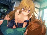  1girl :q assertive bags_under_eyes breasts brown_hair freckles game_cg girl_on_top hair_between_eyes indoors licking_lips long_hair looking_at_another medium_breasts naked_overalls nipples overalls rance rance_(series) rance_03_leazas_kanraku red_eyes shunin smile straddling tongue tongue_out topless v-shaped_eyebrows very_long_hair wrench_luncheon you_gonna_get_raped 
