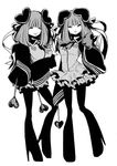  attraction-m_(lolo) boots eyes_closed female full_body heart high_heel_boots high_heels magical_girl magical_girl_apocalypse mahou_shoujo_of_the_end monochrome multiple_girls repulsion-m_(coco) siblings simple_background skirt thigh_boots twins very_long_sleeves white_background 
