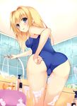  adjusting_clothes adjusting_swimsuit bathroom blonde_hair blue_eyes blue_swimsuit cameltoe chitose_sana from_behind hatsu_(first_snow) indoors long_hair looking_at_viewer one-piece_swimsuit school_swimsuit solo swimsuit tenshinranman 
