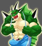  abs alien aura biceps clothing cucumber dragon dragon_ball dragon_ball_z eggplant food fruit glowing horn male muscular pecs porunga red_eyes scalie sharp_teeth shirt solo spikes suggestive sweat tamura_kazumasa tank_top teeth vegetable 